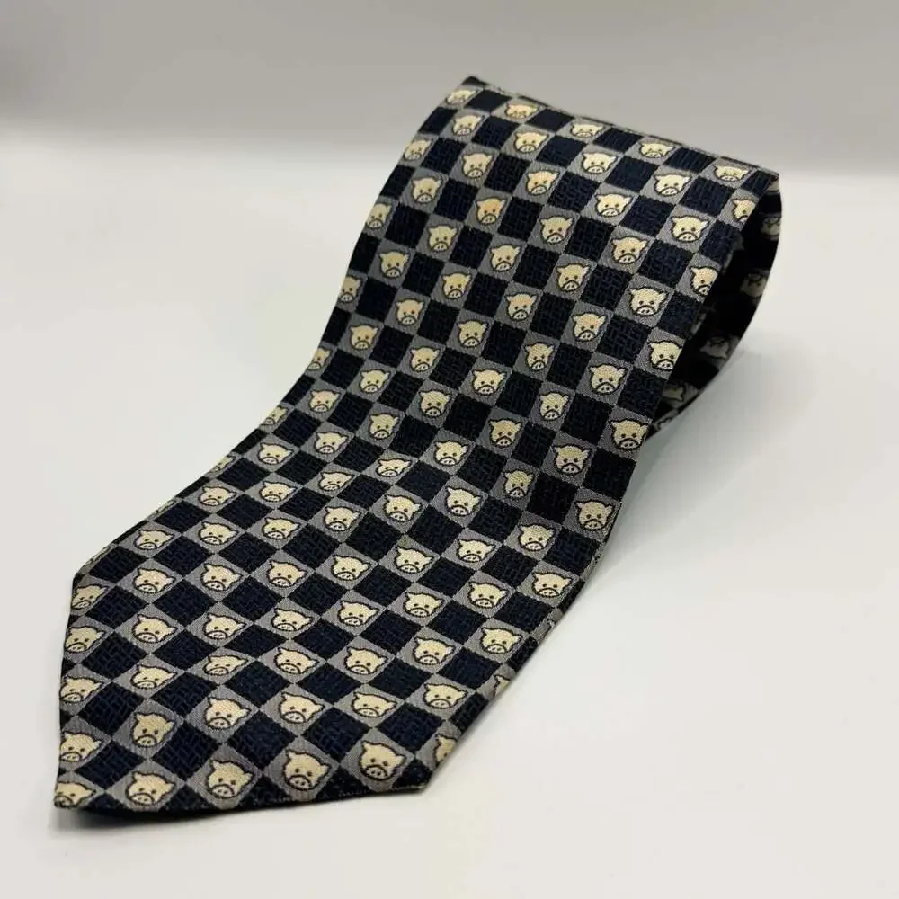 Naf Naf 100% Silk Black and Gray Checkered Pig Print Neck Tie